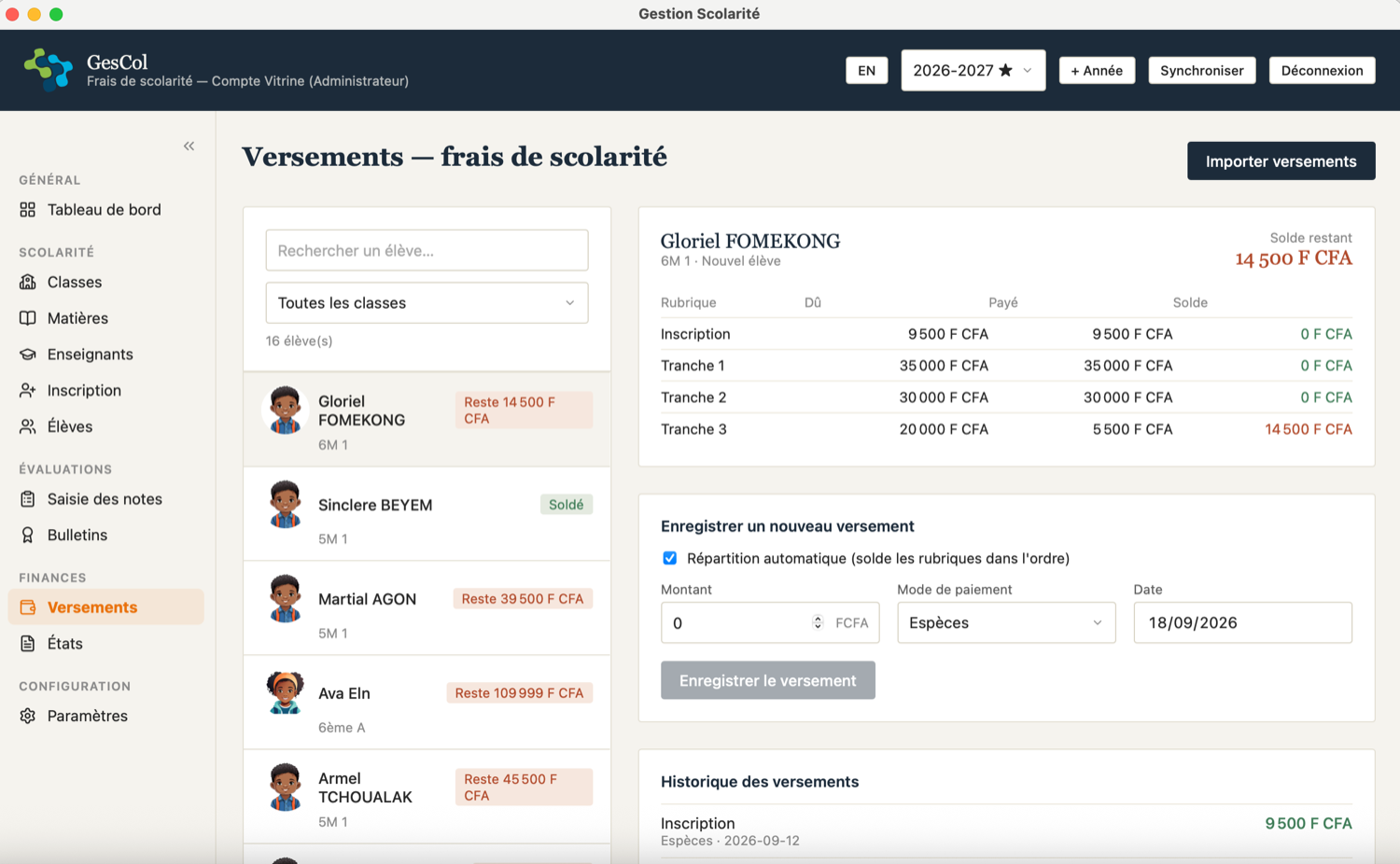 Versements et reçus